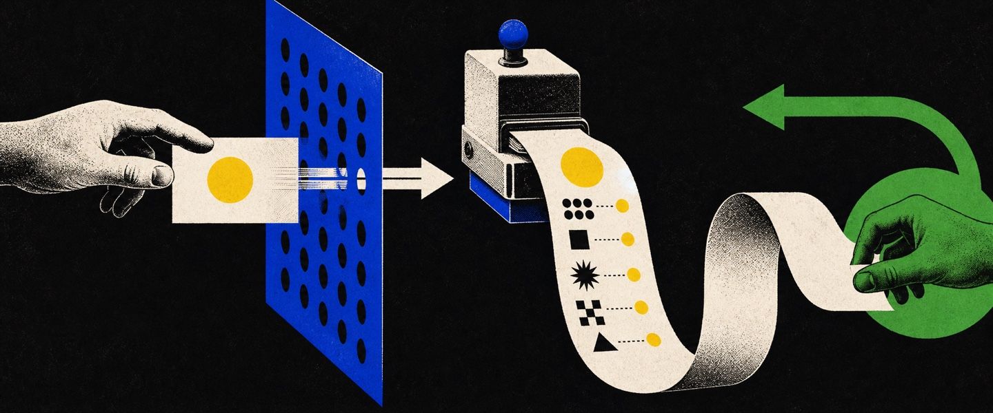 Systems that act. Bounded action leaves a trail someone can inspect. A request passes through a cobalt permission gate, becomes an action, prints an inspectable receipt, and returns along a green undo path.