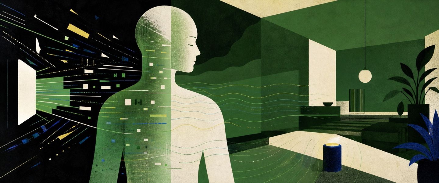 Technology close to us. The interface moves from screen to body to place. Dense signals leave a screen, soften as they cross a human body, and dissolve into one quiet cue in the surrounding room.