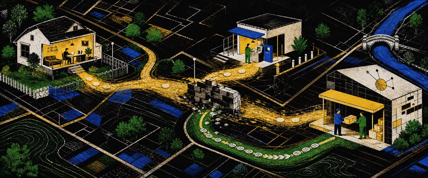Everyday infrastructure. Value moves through everyday systems—and sometimes comes back. A trusted route connects a home, local service, exchange point and provider; repeated proof tokens continue around an obstruction by a recoverable return path.